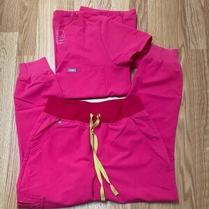 Figs Srubs set in Shocking Pink. Catarina and Zamora high-waisted SP Joggers